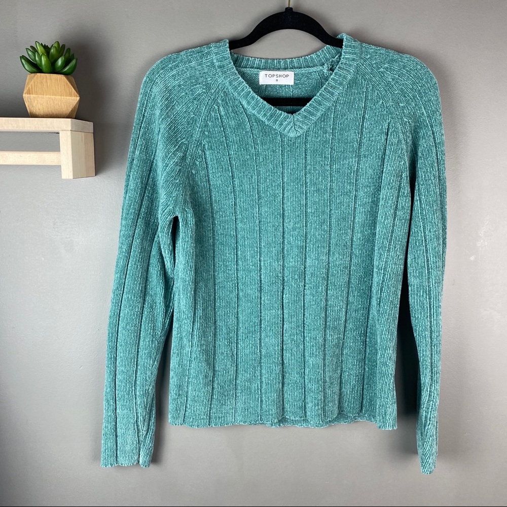 Top Shop chenille green‎ sweater v-neck size 8